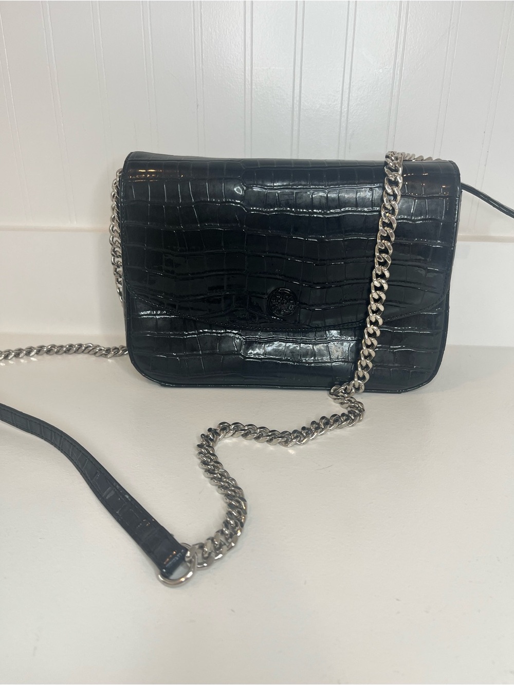 Black Croc-Embossed Chain Crossbody Bag